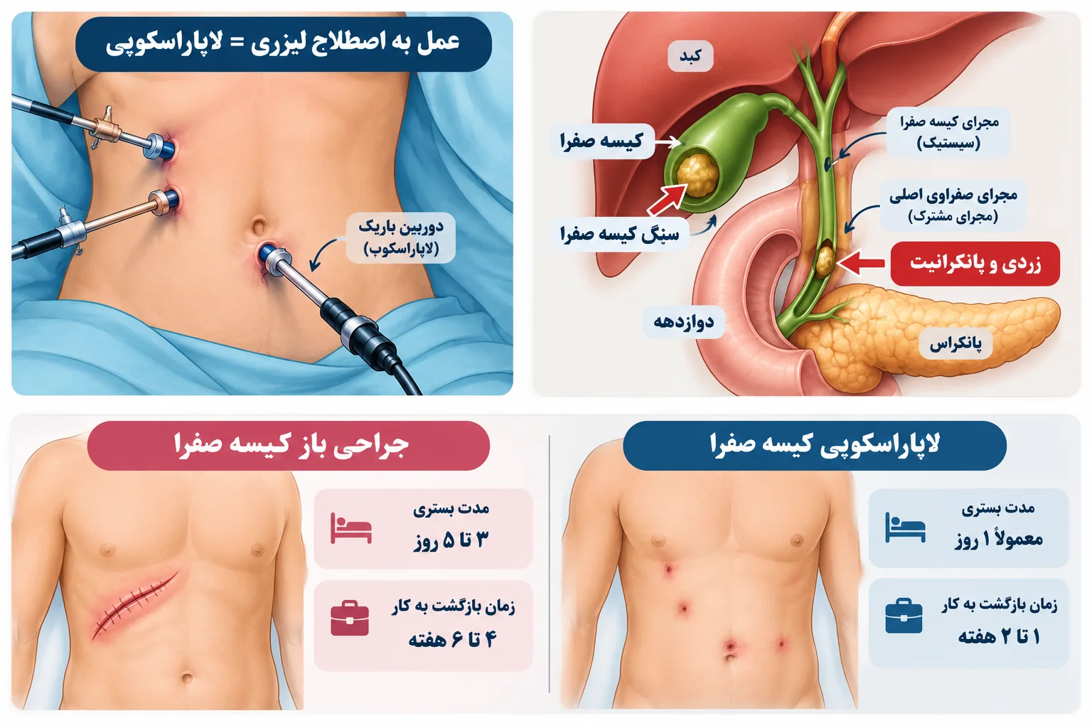 مقایسه برش لاپاراسکوپی و جراحی باز کیسه صفرا